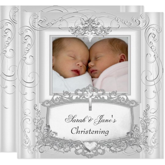 Twin Baby Girl or Boy Christening Baptism White Invitation