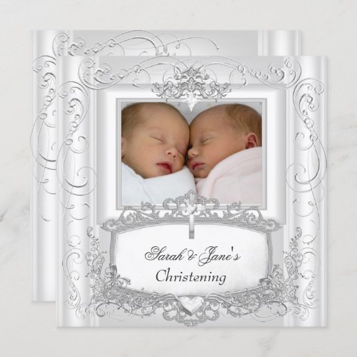 Twin Baby Girl or Boy Christening Baptism White Invitation