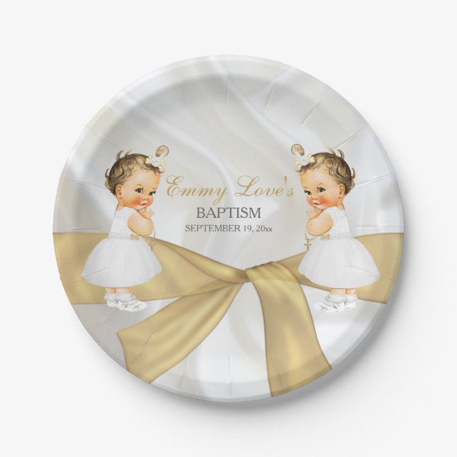 Twin Baby Girls Baptism Christening Gold White Paper Plates (Front)