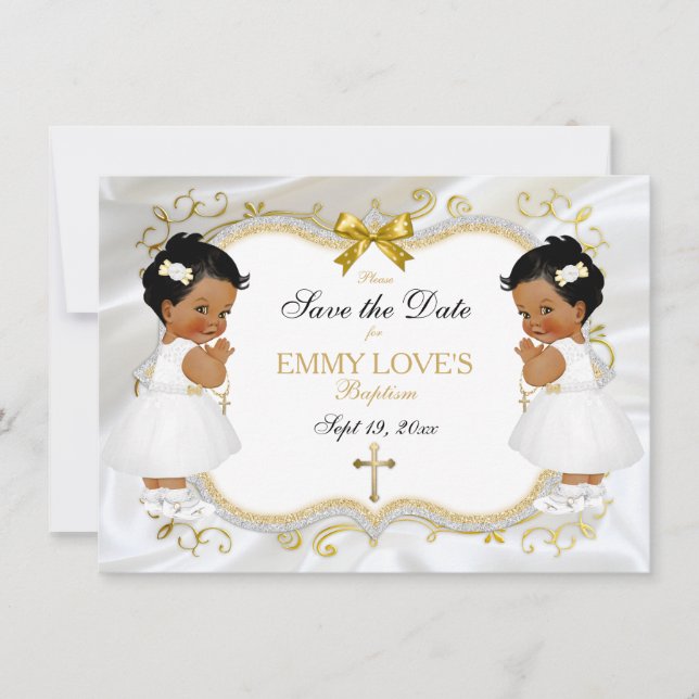 Twin Baby Girls Baptism Save Date White Gold Cross Save The Date (Front)