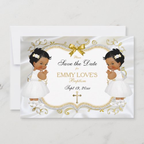 Twin Baby Girls Baptism Save Date White Gold Cross Save The Date