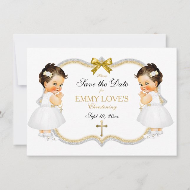 Twin Baby Girls Baptism Save Date White Gold Cross Save The Date (Front)