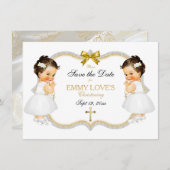 Twin Baby Girls Baptism Save Date White Gold Cross Save The Date (Front/Back)
