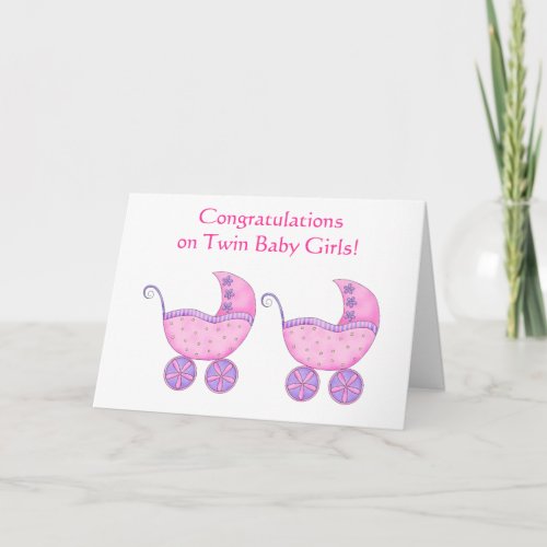 Twin Baby Girls Congratulations Pink Buggy Card