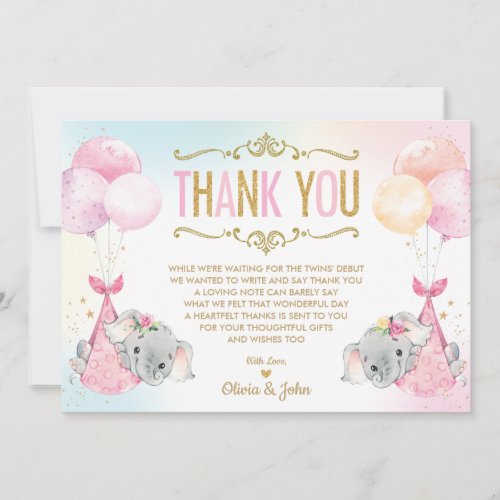 Twin Baby Girls Elephant Baby Shower Sprinkle Thank You Card