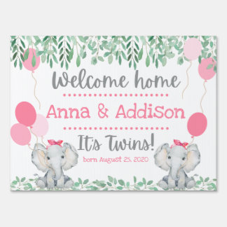 Twin Baby Girls Greenery Elephants Welcome Home Sign