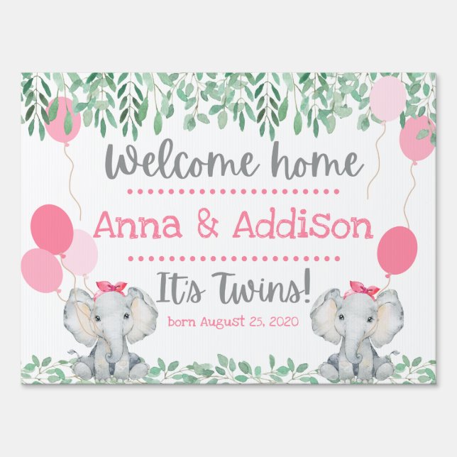 Twin Baby Girls Greenery Elephants Welcome Home Sign (Front)