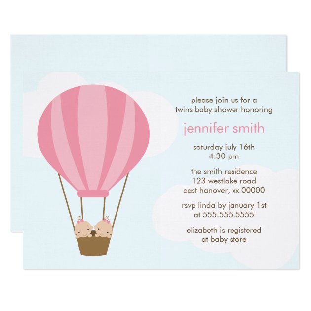 Twin Baby Girls In A Pink Balloon Baby Shower Invitation