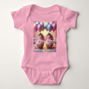 Twin Baby Girls In Pastel Balloons and Ribbons Bodysuit