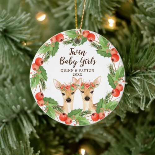 Twin Baby Girls Personalized Woodland Deer Fawns Ceramic Ornament