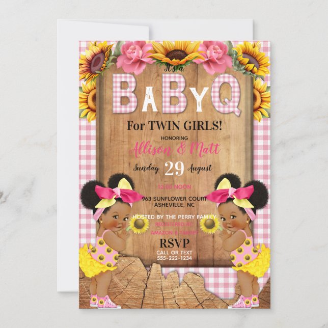 Twin Baby Girls Pink Sunflower Baby Q Barbecue Invitation (Front)