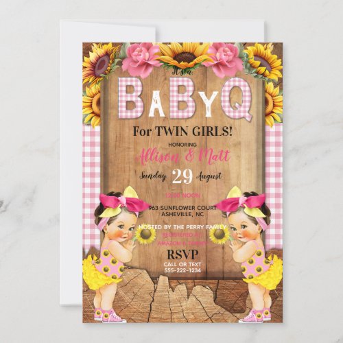 Twin Baby Girls Pink Sunflower Baby Q Barbecue Invitation