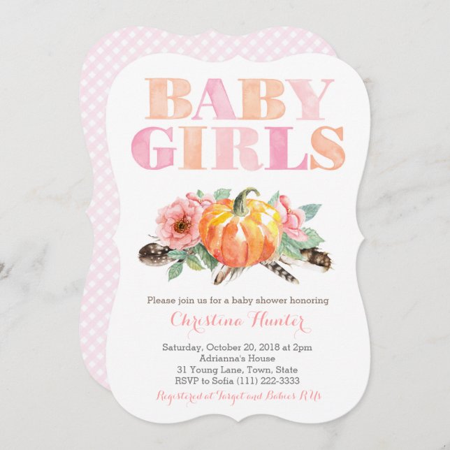 Twin Baby Girls Pumpkin Free Spirit Baby Shower Invitation (Front/Back)