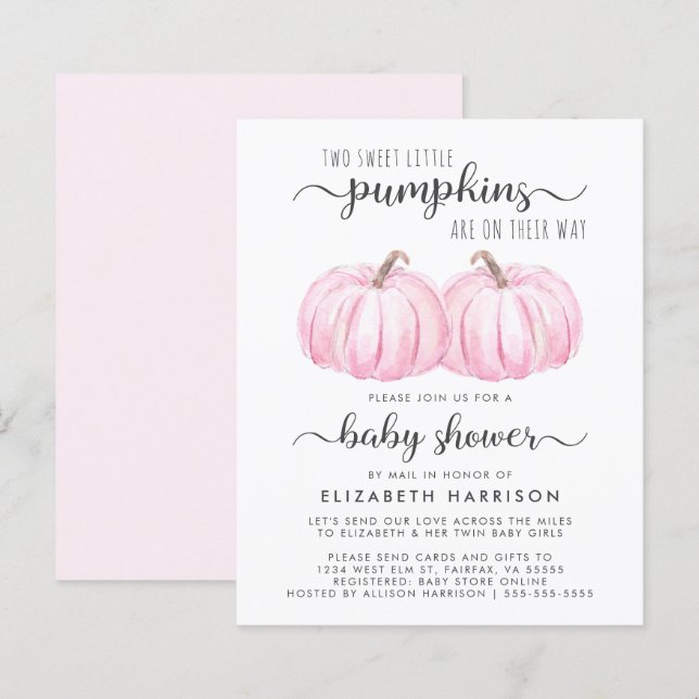 Twin Baby Girls Pumpkin Shower By Mail Invitation (Front/Back)