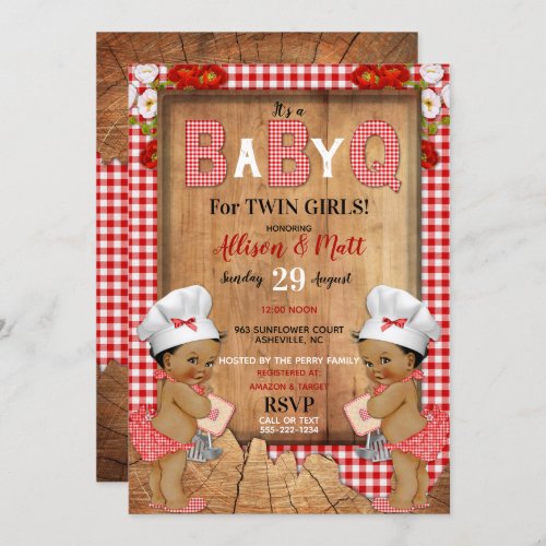 Twin Baby Girls Red Gingham Wood Baby Q Barbecue Invitation