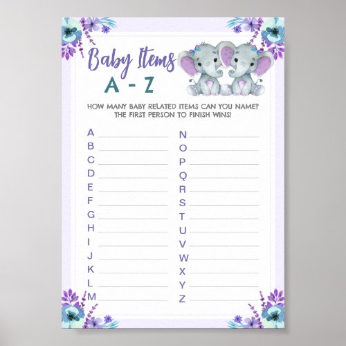 Twin Baby Memory Items Game Elephant  Girl Shower Poster