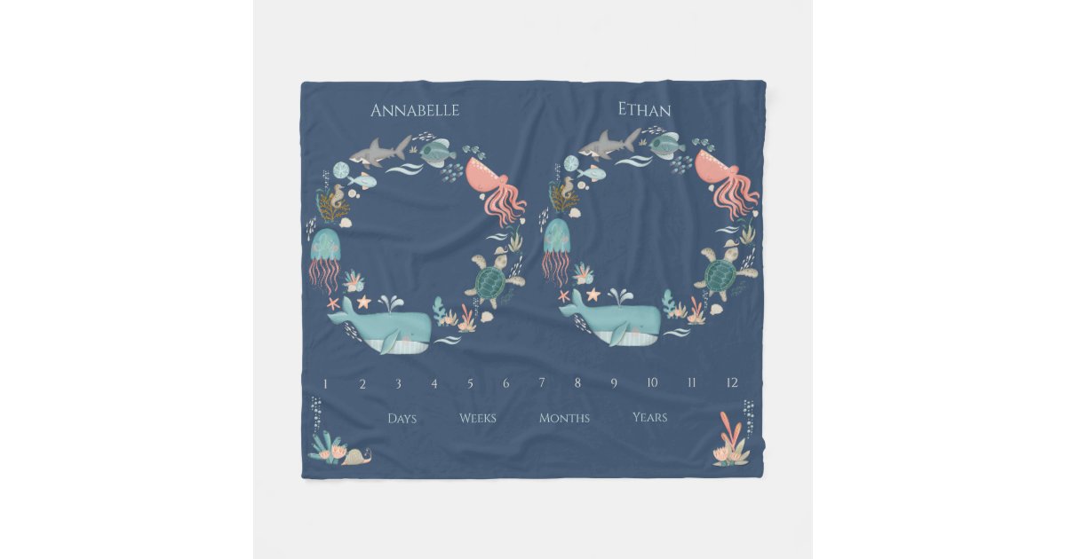 Twin Baby Milestone Blue Under the Sea Animals Fleece Blanket | Zazzle