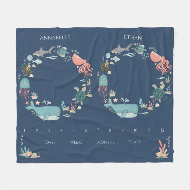 Twin Baby Milestone Blue Under the Sea Animals Fleece Blanket | Zazzle