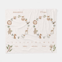 Twin Baby Milestone Boho Woodland Animals Fleece Blanket