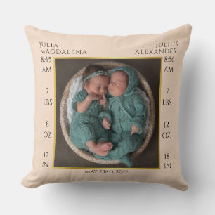 Twin Baby Name Birth Stats Photo Collage Keepsake Throw Pillow
