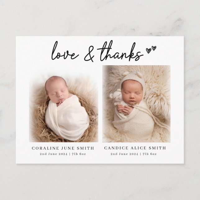 Twin baby photo birth announcements love & thanks (Front)