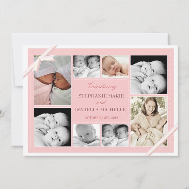 Twin Baby Photo Collage Baby Announcement | Pink (Front)