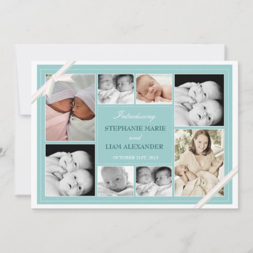 Twin Baby Photo Collage Baby Announcement  Teal