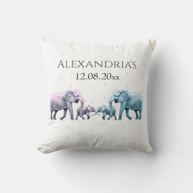 Twin Baby Pink and Blue Elephant Throw Pillow (Front)