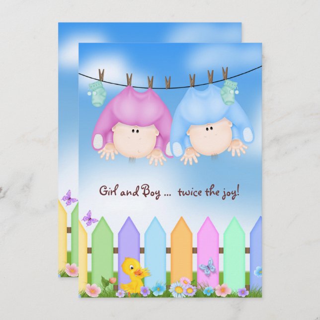 Twin Baby Shower-babies on clothesline Invitation (Front/Back)