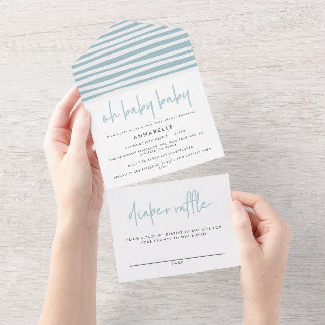 Twin baby shower blue modern typography all in one invitation (Tearaway)