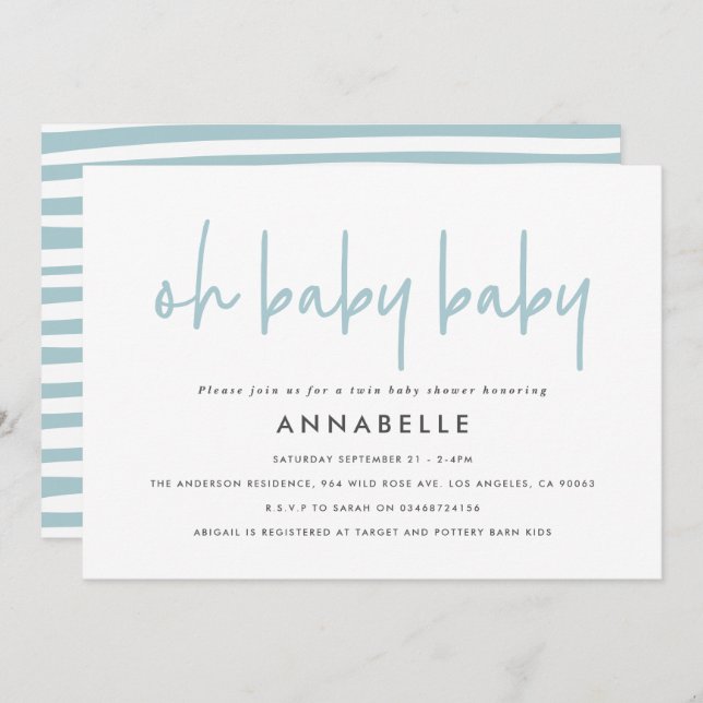 Twin baby shower blue modern typography simple invitation (Front/Back)