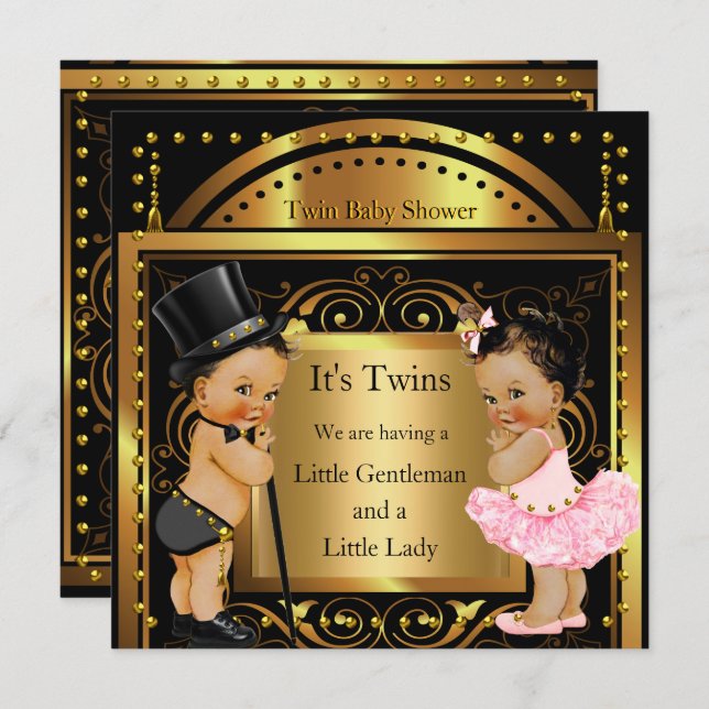 Twin Baby Shower Boy and Girl Gold Brunette Invitation (Front/Back)