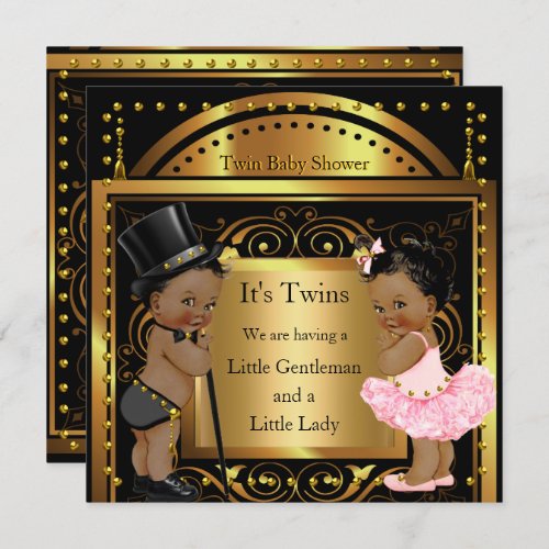 Twin Baby Shower Boy and Girl Gold Ethnic Invitation