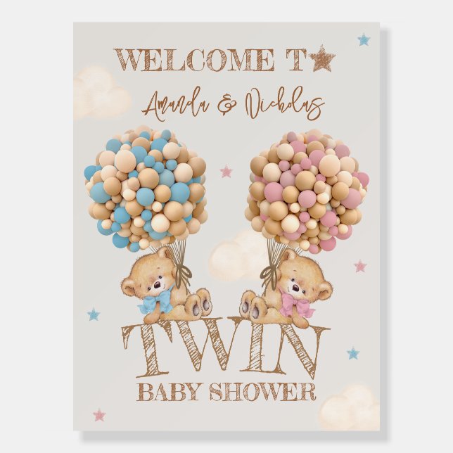 Twin Baby Shower Boy Girl Bears Welcome Sign (Front)