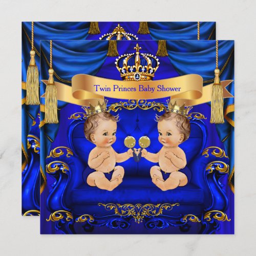 Twin Baby Shower Boy Prince Blue Gold Invitation