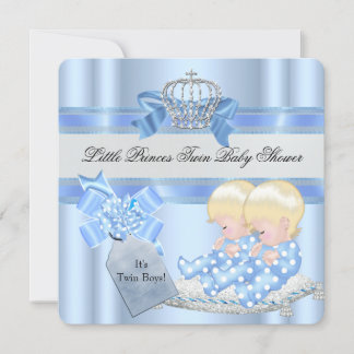 Twin Baby Shower Boys Blue Little Prince Crown 3D Invitation
