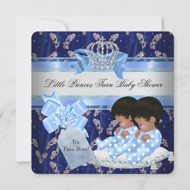 Twin Baby Shower Boys Blue Little Prince Crown Invitation (Front)