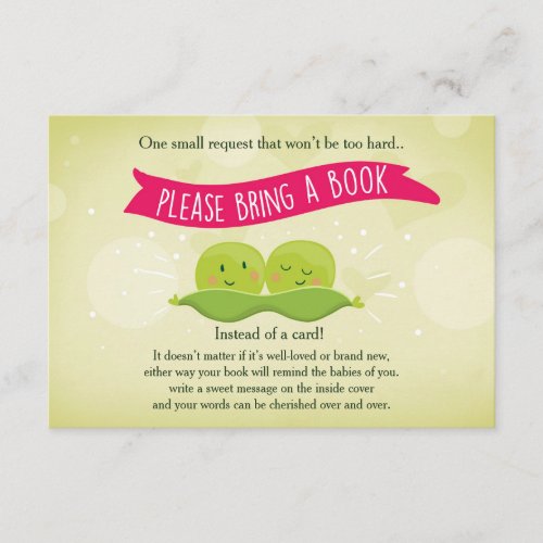 Twin Baby shower Bring a book Two Peas in a pod Enclosure Card