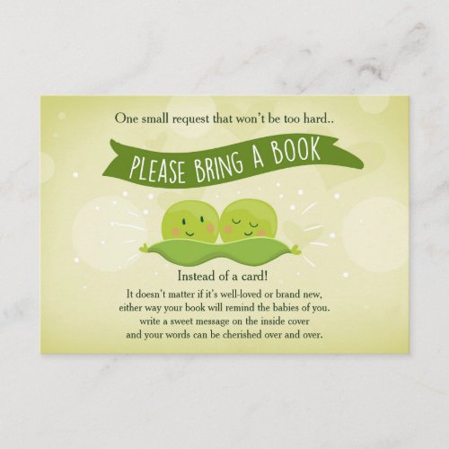 Twin Baby shower Bring a book Two Peas in a pod Enclosure Card