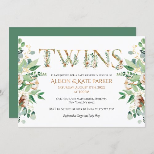 Twin Baby Shower  Cotton Eucalyptus Gold Alphabet Invitation