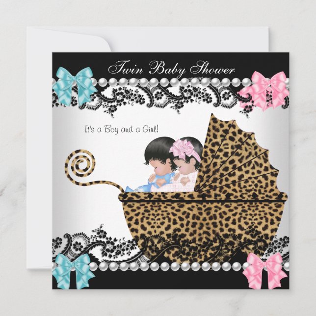 Twin Baby Shower Cute Girl Pink Boy Blue Leopard Invitation (Front)