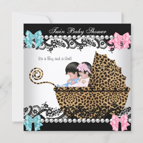 Twin Baby Shower Cute Girl Pink Boy Blue Leopard Invitation