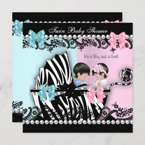 Twin Baby Shower Cute Girl Pink Boy Blue Zebra 2 Invitation