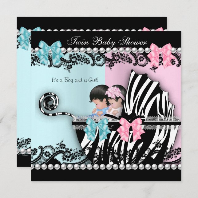 Twin Baby Shower Cute Girl Pink Boy Blue Zebra 3 Invitation (Front/Back)