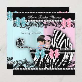 Twin Baby Shower Cute Girl Pink Boy Blue Zebra 3 Invitation