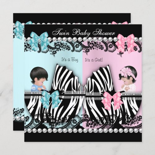 Twin Baby Shower Cute Girl Pink Boy Blue Zebra Invitation