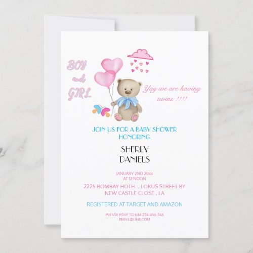 Twin Baby Shower Invitation Card Editable