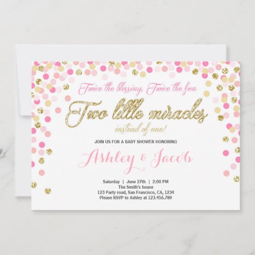 Twin Baby Shower Invitation Girls Pink and gold