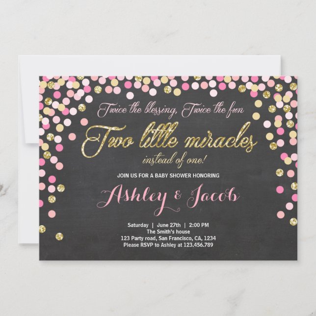 Twin Baby Shower Invitation Girls Pink and gold (Front)