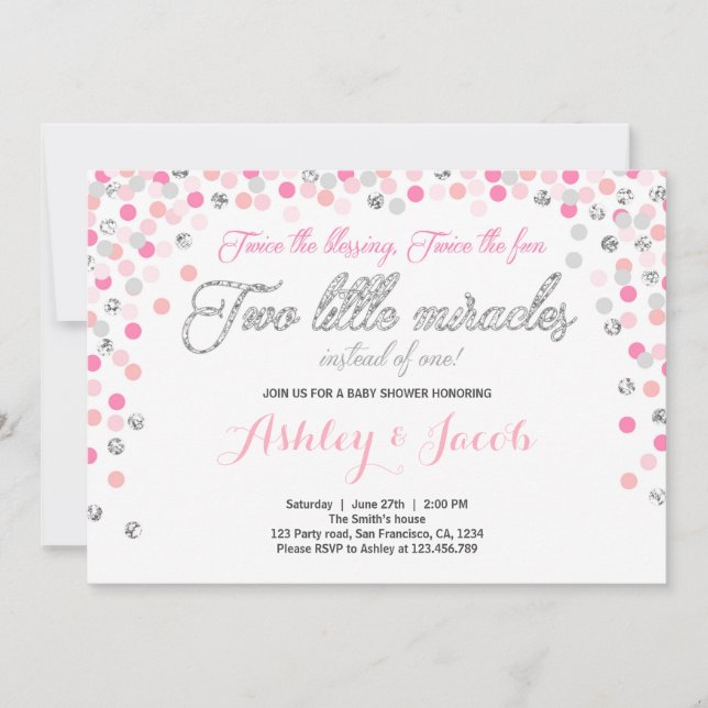 Twin Baby Shower Invitation Girls Pink and silver (Front)